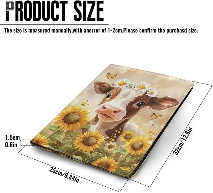 Cozeyat Sunflower Cow Padfolio for Women Binder Portfolio Folder, PU Leather Folder A4 Conference Pad Document Organizer Notepad Holder