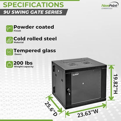 NavePoint 9U Server Cabinet with Hinged Back - 25.5” Deep, 9U Server Rack Enclosure with Locking Glass Door, Wall Mount Rack with Removable Side Panels, 9U Network Cabinet with 2 Fans, Pre-Assembled