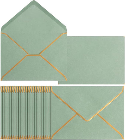 50 Pack A4 Envelopes Sage Green 4x6 Self-Adhesive V Flap Envelopes with Gold Border for Office, Wedding Gift Cards, Invitations, Graduation, Baby Shower, Parties (4.25x6.25 inches)