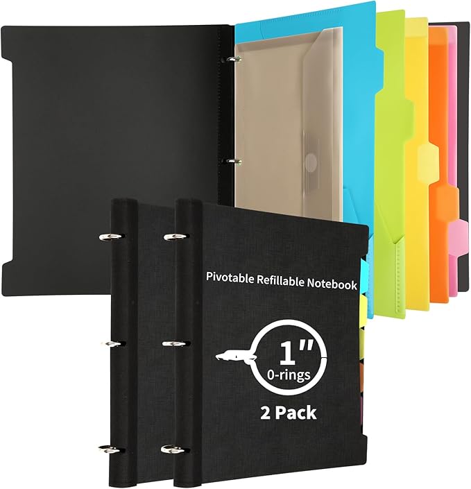 2 Pcs Pivotable Refillable Notebook, 3 Ring Binder Notebooks 1 Inch, Notebook with Dividers and Pockets, Folder Notebook, Flexible Binder, Soft Binders 3 Ring, Foldable Binder- Black