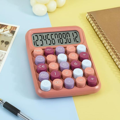Desktop Mechanical Calculator, 12-Digit Large LCD Display Basic Standard Calculators with Cute Big Buttons, Office Accessories, School Supplies (Coffee)