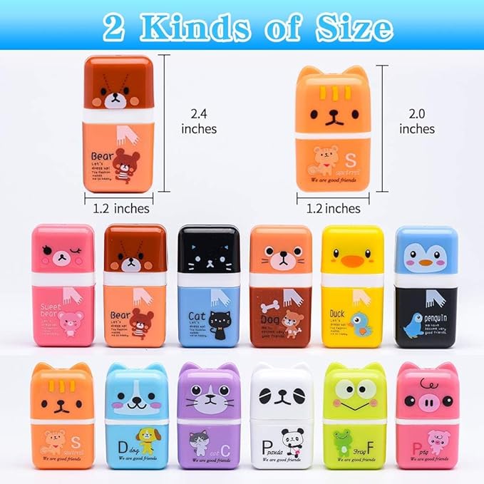Sooez 12 Pack Pencil Erasers, Cute Erasers Pencil Eraser with Clean up Roller Pencil Eraser Shaving Roller Case Erasers for Party Favors Gift Supplies