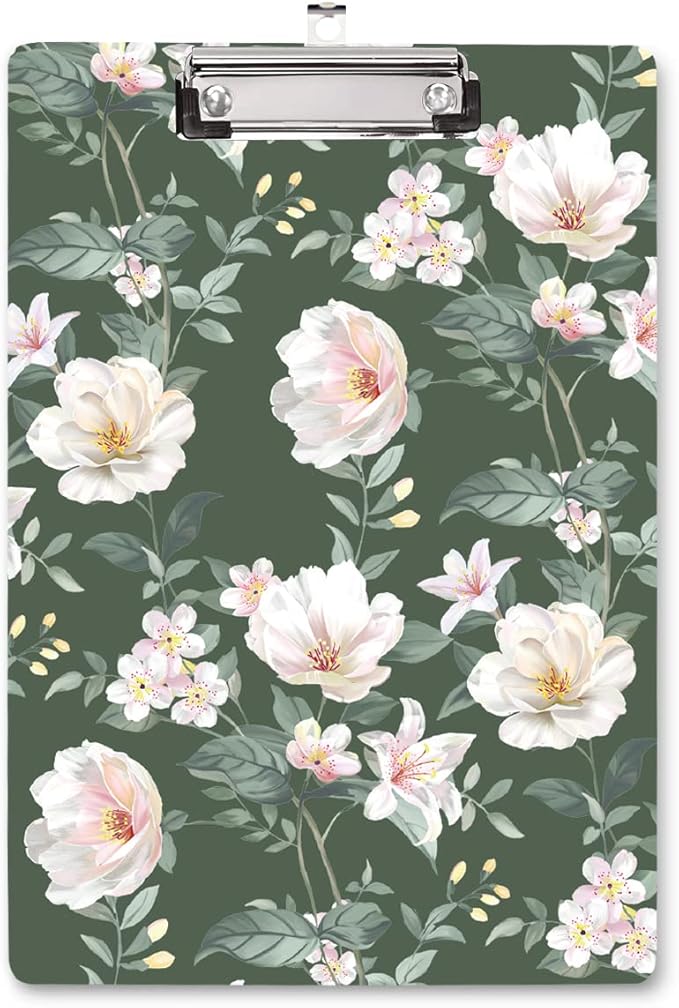 WAVEYU Cute Hardboard Office Clipboard, Clipboard with Low Profile Clip Designed for Students Classroom School and Office Use, Green Flower(12.5"x9")