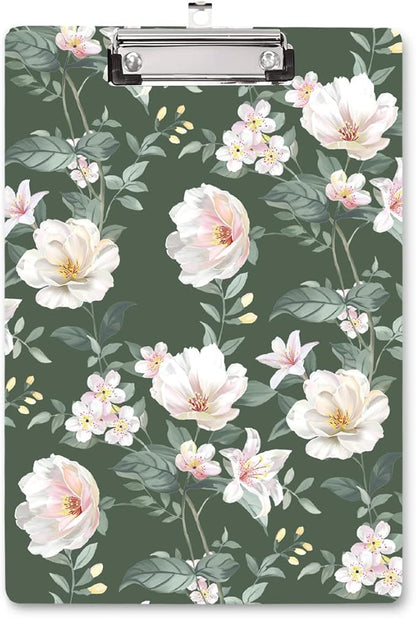 WAVEYU Cute Hardboard Office Clipboard, Clipboard with Low Profile Clip Designed for Students Classroom School and Office Use, Green Flower(12.5"x9")