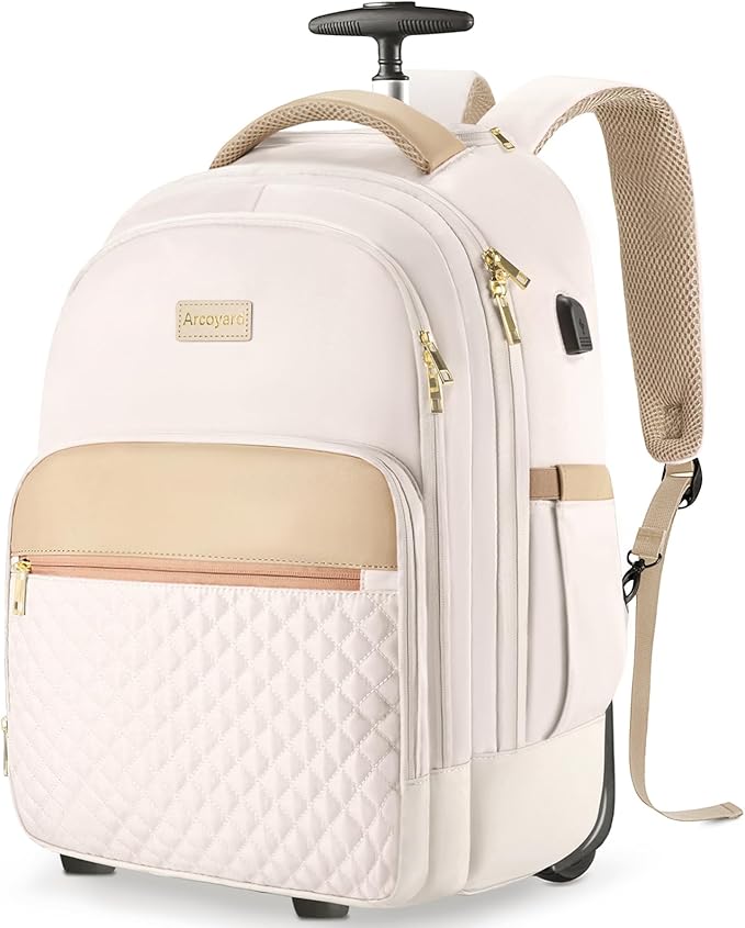 Rolling Backpack For Adults With Wheels, 40L Wheeled Backpack For Women, Travel Roller Backpack, Carry On Luggage, Rolling Bag, Beige