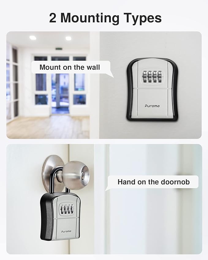 Puroma Key Lock Box, Portable Combination Lockbox Wall-Mounted Key Storage Box for House Keys, Resettable Code Safe Security Lock Box for Home, Office, Apartment Spare Key Storage (2 Pack, Gray)