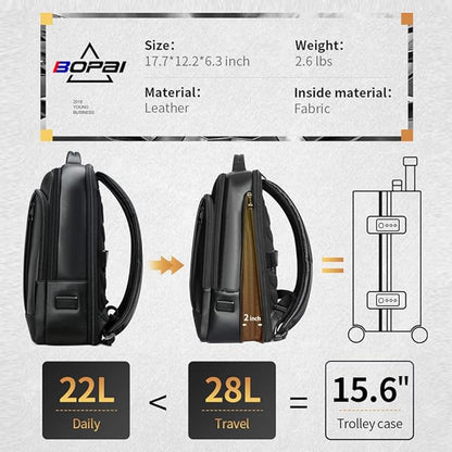BOPai Genuine Leather Backpack for Men Multi-Function Expand Backpack 15.6 inch Business Laptop Backpack Travel Smart with USB Charging Backpack Office Black