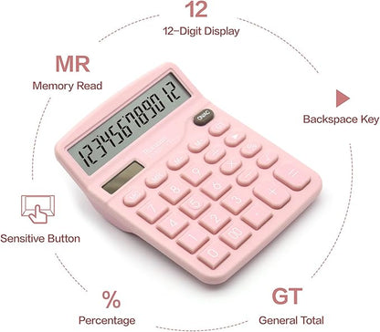2PC Pink Calculator, Solar Battery Dual Power Calculator,Desktop Calculator 12 Digit with Large LCD Display, Pink Office Supplies with Sensitive Button, Pink Desk Accessories, School Supplies