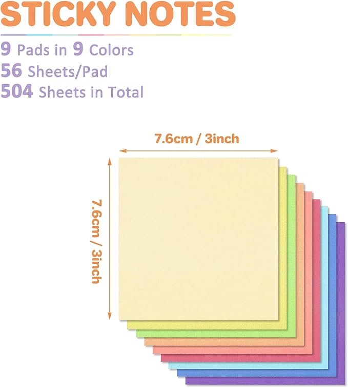 (9 Pack) Sticky Notes 3x3 Inches Colorful Sticky Notes，Super Sticking Power Bright Colors Self-Stick Pads，Easy to Post for School Supplies and Office Products，56 Sheets/Pad,504Sheets