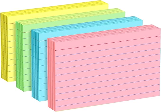 Colored Index Cards 4x6 Inch - Ruled Index Flash Cards for Studying, Lined Index Note Cards 4" x 6" with Colorful, Colored Flashcards 4x6 Notecards 3 Pack of 38 - Pink, Green, Blue, Yellow
