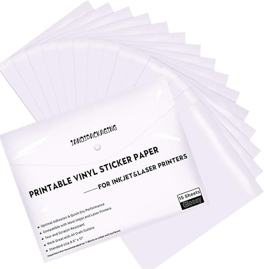 JANDJPACKAGING Printable Vinyl Sticker Paper - Waterproof Printable Vinyl for Laser & Inkjet Printer 15 Self-Adhesive Sheets - Glossy White - Standard Letter Size 8.5"x11"