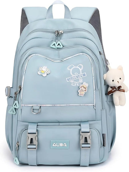 Cute School Laptop Backpack with Large Capacity Multiple Pockets for Girls Travel Friendly with Luggage Strap Accessory Included (Blue)