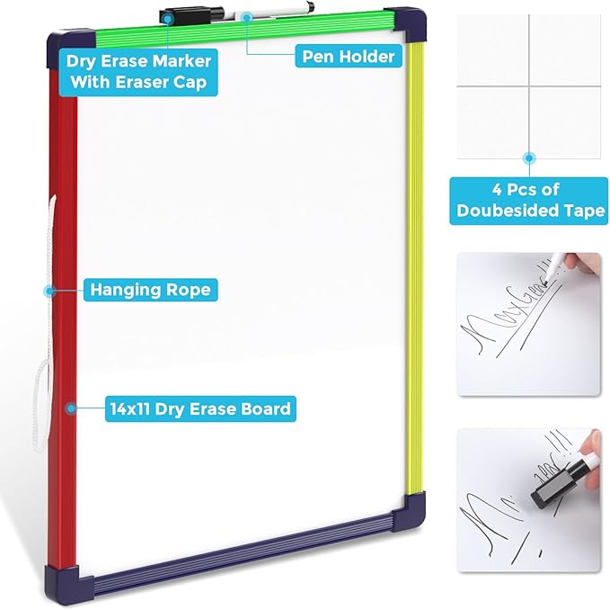 MaxGear Colorful Small Dry Erase Board, 14"x11" Double-Sided Hangable with Dry Erase Marker, Portable Whiteboard for Home School Office - Planning Writing Learning Drawing Art Education