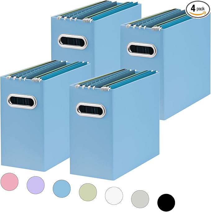 Oterri File Organizer, Small Storage Box, Cardboard File Folder Organizer, Collapsible File Box, Hanging File Organizer for Letter Size, Portable File Box with Handle, Only Box (Blue, 4 Packs)
