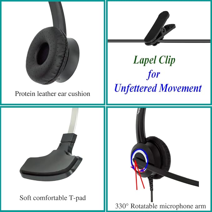 Phone Headset Noise Cancelling Mic RJ9 U10P Bottom Cable Compatible with Polycom VVX, Mitel, Shoretel, Nortel (Avaya) Phones