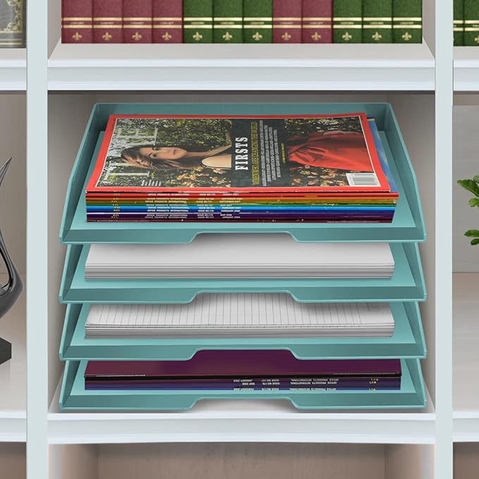 Acrimet Stackable Letter Tray 4 Tier Side Load, Plastic, Desktop File Organizer (Solid Green Color)