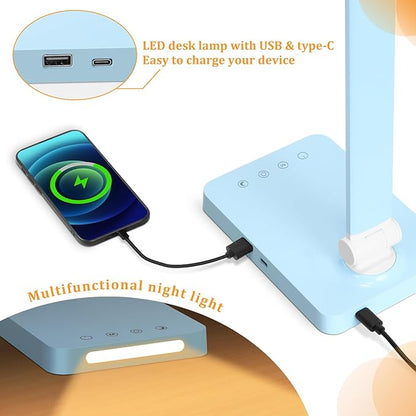 LED Desk Lamp with USB Ports,Touch Desk Lamps for Home Office with 5 Color Modes,3 Brightness Desk Light with Small Night Light,Reading Lamp Table Lamp for Bedroom Bedside Study Blue （with adapter）