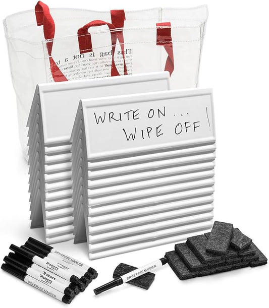 Trainers Warehouse Heavy Duty Premium Standard Size (11" x 4") Set of 24 Reusable Dry-Erase Name Cards | Set Includes, Tent Cards, Markers, Mini-Erasers & Tote