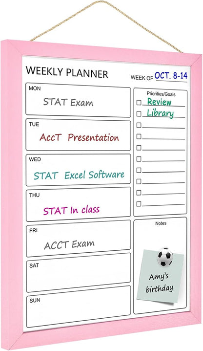 Dry Erase White Board Weekly Calendar Board, Magnetic Whiteboard for Wall,13“x17 Solid Wood Pink Framed Message Board, Planner Board for Office, Home, School(Weekly-BB-PK-3343)