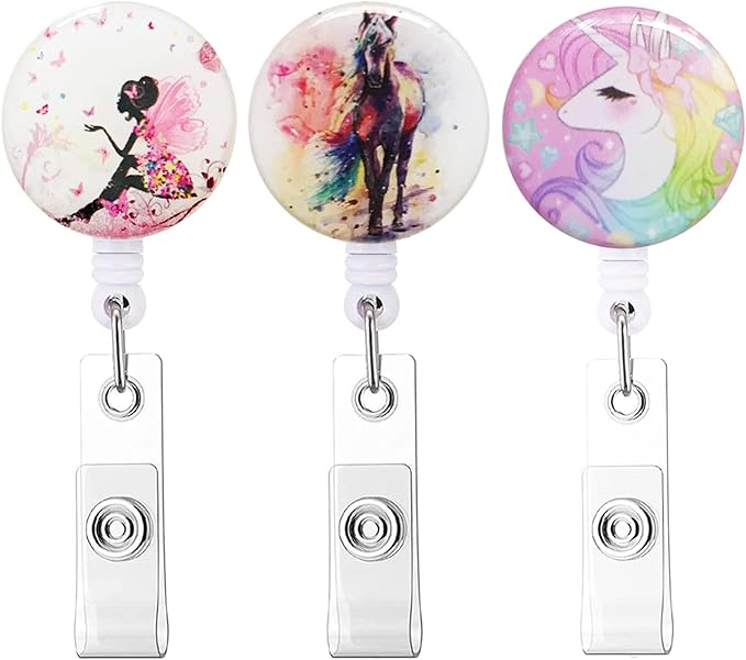 Retractable Badge Reel, Badge Holder with Alligator Clip, Cute Badge Clip on ID Name Card Holders for Nurse Doctor and Office (3Pack Horse & Fairy)