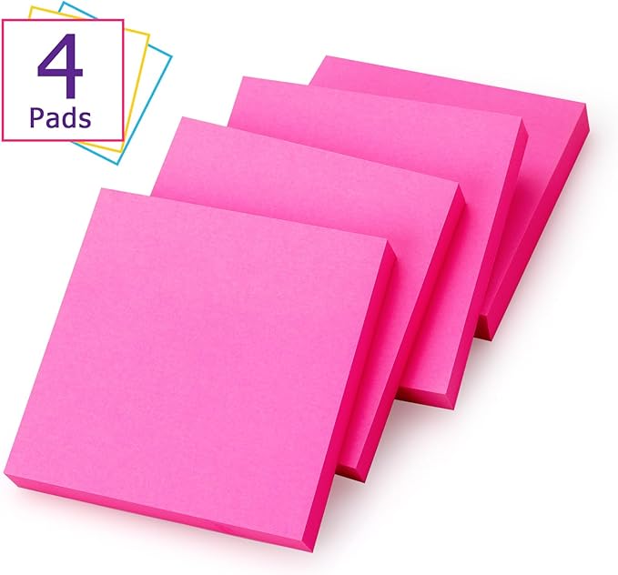 Sticky Notes 3x3 Self-Stick Notes Bright Colors Sticky Notes 4 Pads 100 Sheets/Pad (Rose Red)