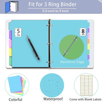 16Pcs/2 Sets Binder Dividers for 3 Ring Binder,8 Tab Plastic Dividers with Tabs, Pastel Color File Dividers, Notebook Dividers for School, Office