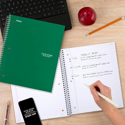 Five Star Spiral Notebook + Study App, 5 Subject, Wide Ruled Paper, Fights Ink Bleed, Water Resistant Cover, 8" x 10-1/2", 200 Sheets, Forest Green (73441)