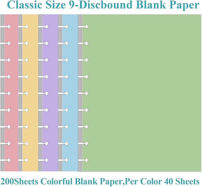 (2-Pack) 9-Disc Discbound 5 Colorful Blank Paper Pre-punched Happy Planners Inserts, 200Sheets/400Pages Classic Size Blank Loose-Leaf Paper, Per Color 40 Sheets, 7" x 9.25"