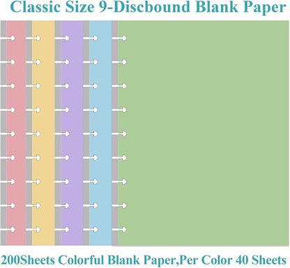 (2-Pack) 9-Disc Discbound 5 Colorful Blank Paper Pre-punched Happy Planners Inserts, 200Sheets/400Pages Classic Size Blank Loose-Leaf Paper, Per Color 40 Sheets, 7" x 9.25"