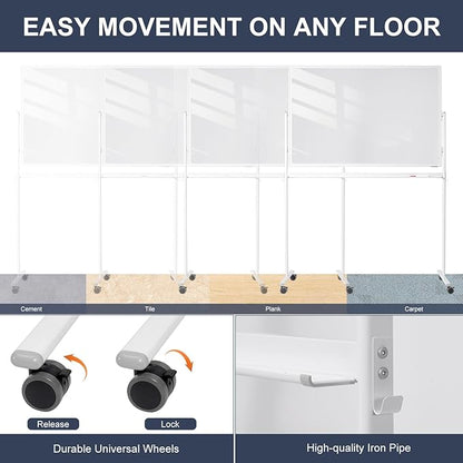 Mobile Clear Glass Whiteboard, TANKEE 48" X 32" Standing White Board on Wheels, Large Rolling Dry Erase Board with Stand, Transparent Tempered Glass Board with Paper Pad, Great for Office Home School