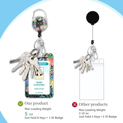 Lanyards for Id Badges, Cat Flower Floral Badge Holder with Retractable Reel Clip, Cute Work Name Tags Keychain Lanyard ID Card Protector Cover Case for Women Teacher Nurse Doctor Office
