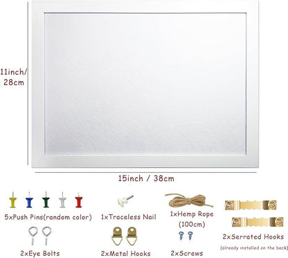 White Bulletin Board Cork Boards Vision Board with Felt, 15"x11" Small Display Pin Board for Walls, Desk, Jewelry, Notes, Collection, Photos, Office, White Framed and White Felt Board, 1pc