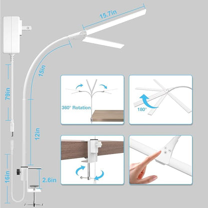 LED Desk Lamp, 31.5'' Wide Double Head Desk Lamps for Home Office, Dimmable 25 Lighting Modes 16W 1800lm Bright Desk Lighting, Eye Caring Architect Table Lamp for Workbench Monitor Study, White