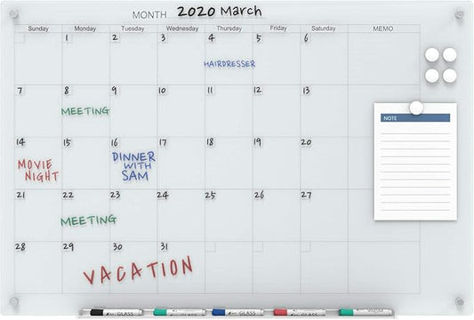 Audio-Visual Direct Magnetic White Calendar Glass Dry-Erase Board Set - 4' x 3' - Includes Magnets, Hardware & Marker Tray
