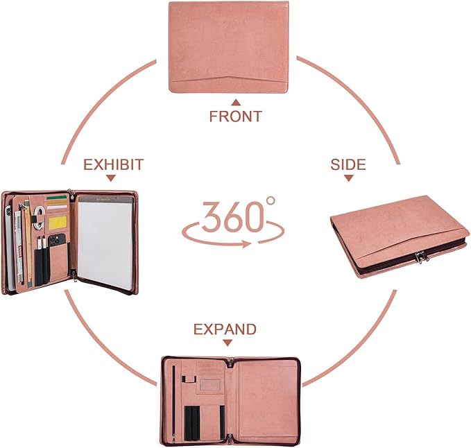 Calfinder Leather Padfolio for Women, Professional Vegan Leather Resume Zippered Portfolio Folder, Business Portfolio Organizer with A4/US Letter Writing Pad Holder, Gift for Women/Girls, Pink
