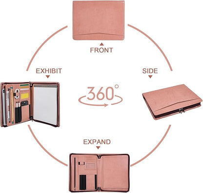 Calfinder Leather Padfolio for Women, Professional Vegan Leather Resume Zippered Portfolio Folder, Business Portfolio Organizer with A4/US Letter Writing Pad Holder, Gift for Women/Girls, Pink