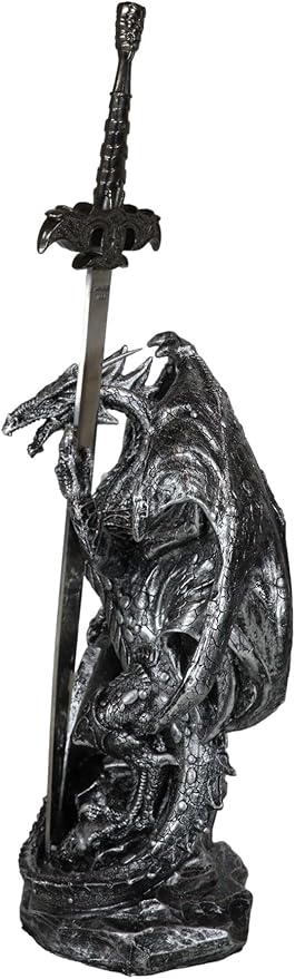 Ebros Gift Legendary Silver Coat of Arms Knight Dragon Holding Heraldry Plague Shield and Druid Sword Letter Opener Figurine Home and Office Decorative Sculpture Medieval Dungeons and Dragons Fantasy