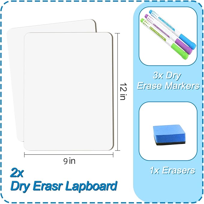 2 PC Small White Board Dry Erase Classroom Pack Boards 9" x12” Personal Whiteboards for Students Teachers School Supplies Lapboards,with Whiteboard Erasers Incl and Colors Pens