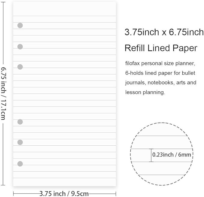 A6 Lined Paper for Filofax Personal Binder Planner, White 100gsm Ruled Pages, 6 Hole Punched, 100 Sheets/200 Pages, 3.75 x 6.75 Inch