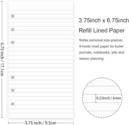 A6 Lined Paper for Filofax Personal Binder Planner, White 100gsm Ruled Pages, 6 Hole Punched, 100 Sheets/200 Pages, 3.75 x 6.75 Inch