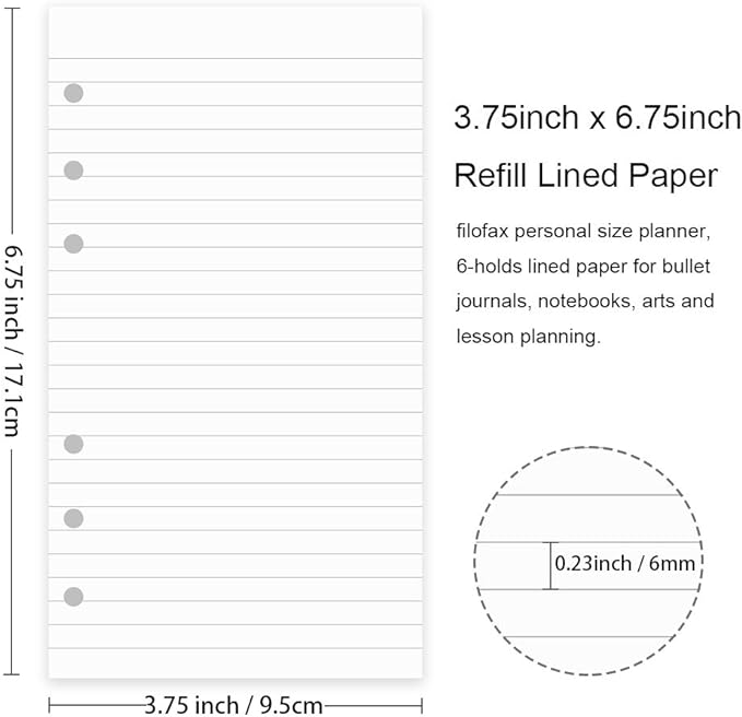 200 Sheets A6 Lined Paper for Filofax Personal Binder Planner, White 100gsm Ruled Pages, 6 Hole Punched, 3.75 x 6.75 Inch