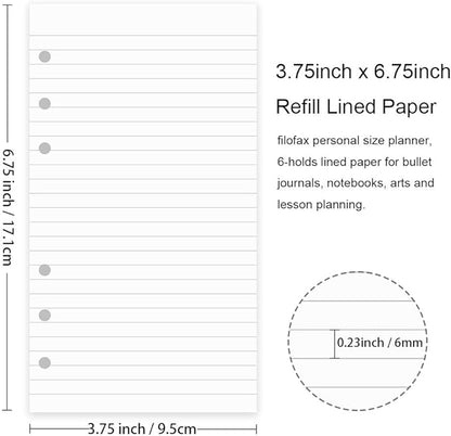200 Sheets A6 Lined Paper for Filofax Personal Binder Planner, White 100gsm Ruled Pages, 6 Hole Punched, 3.75 x 6.75 Inch