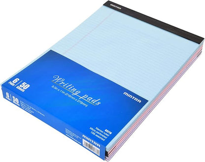 Mintra Office Legal Pads - ((BASIC PASTEL 6pk, 8.5in x 11in, NARROW RULED)) - 50 Sheets per Notepad, Micro perforated, Pastel Writing Pad, Notebook Paper for School, College, Office, Business - Pink, Blue, Purple