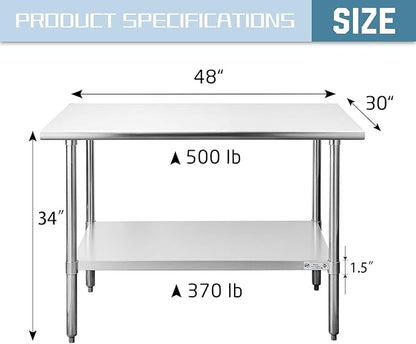 HALLY Stainless Steel Table for Prep & Work 30 x 48 Inches, NSF Commercial Heavy Duty Table with Undershelf and Galvanized Legs for Restaurant, Home and Hotel