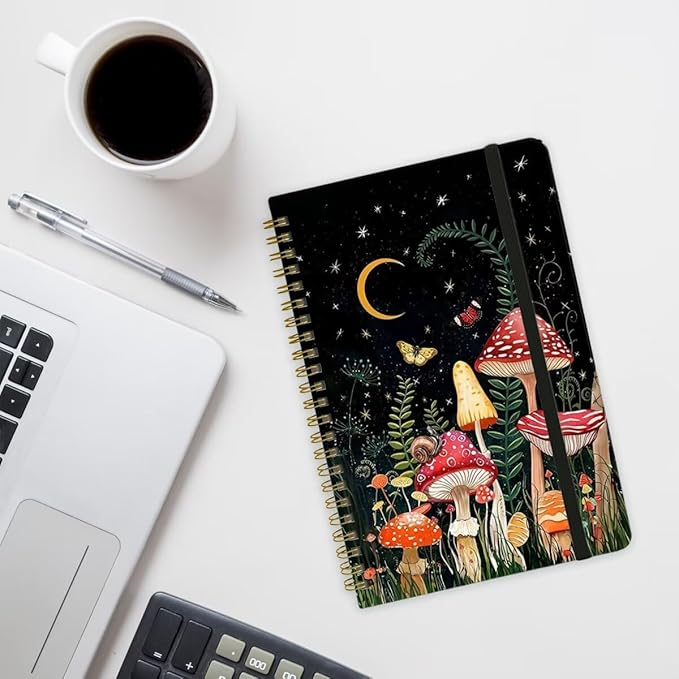 Spiral Notebook - A5 Spiral Notebooks, 8.3'' × 5.8'', 160 Pages, Aesthetic Journaling Notebooks for Women, College Lined Notebook with Elastic Closure, Back Pocket, for School Office, Mushroom House