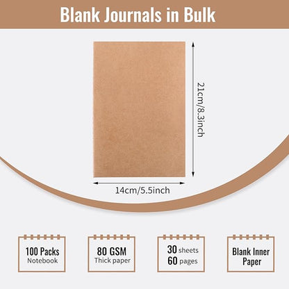 EOOUT 100pcs A5 Blank Kraft Notebooks, Journals in Bulk, Sketchbooks Bulk for Kids, 60 Pages, 80GSM, 8.3 X 5.5 Inch, Travel Journal Set, Travelers, Students and Office