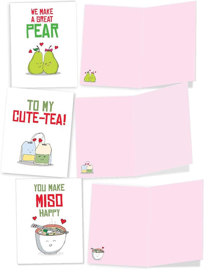 The Best Card Company - 10 Funny Assorted Blank Humor Notecards Box Set 4 x 5.12 Inch w/Envelopes Loving Cartoons for Men, Women (10 Designs, 1 Each) - Romantic Yummy Puns M5659OCB-B1x10