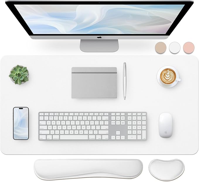 Bloss Leather Desk Pad and Keyboard Wrist Rest, Large Mouse Pad + Keyboard Pad+Mouse Wrist Support, Non-Slip Desk Mat Protector for Office, Home(31.5×15.7 Inches,White)