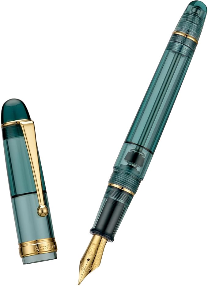 Asvine V126 Vacuum Filling Fountain Pen Extra Fine Nib, Transparent Teal Acrylic, Large-Capacity with Gift Case