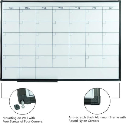 Lockways Dry Erase Calendar Whiteboard, Framed Magnetic Whiteboard Calendar 36 x 24 Inch, Ultra-Slim Black Aluminium Frame